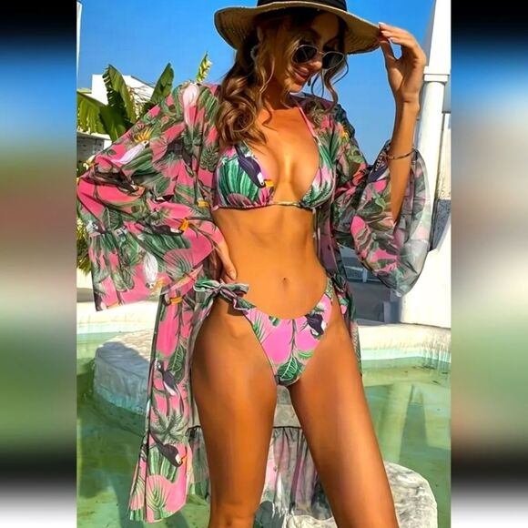 Chic Multicolor Floral Bikini Set Size L With Matching Cover Up NWT - Picture 5 of 6